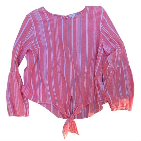 ROSE CORAL WHITE STRIPE LONG BELL SLEEVE KNOTTED BLOUSE SIZE XL - Picture 1 of 9